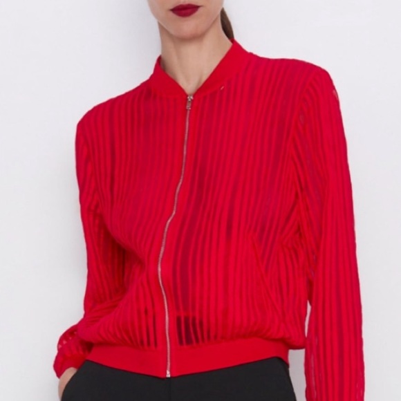 Zara Jackets & Blazers - ZARA STRIPED ORGANZA BOMBER JACKET
Red